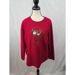 STUDIO JOY Red Fleece Christmas Snowman Reindeer Embroidered‎ Long Sleeve Top L